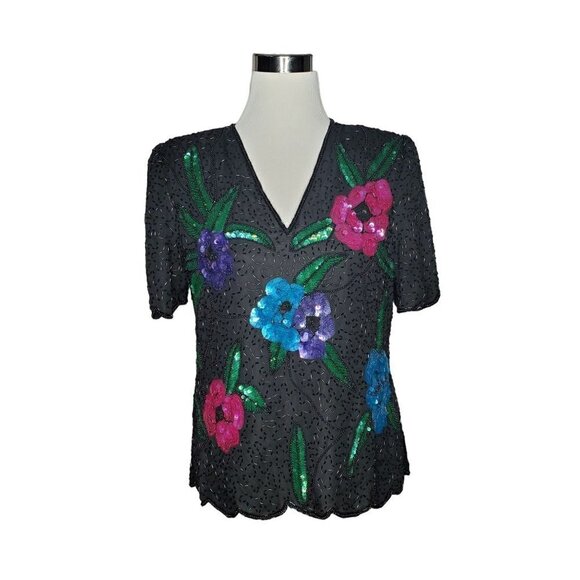 LAWRENCE Kazar 100% Pure Silk Black Lined Sequins Beads Party Blouse Size Medium - Picture 2 of 9